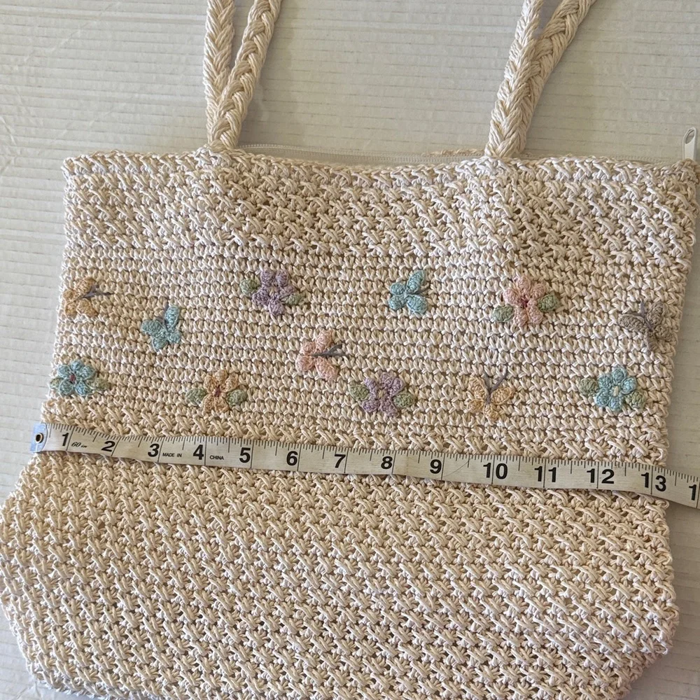 Woven Cream Crochet Shoulder Tote Bag Pastel Floral Embroidered Cottagecore - Picture 7 of 12